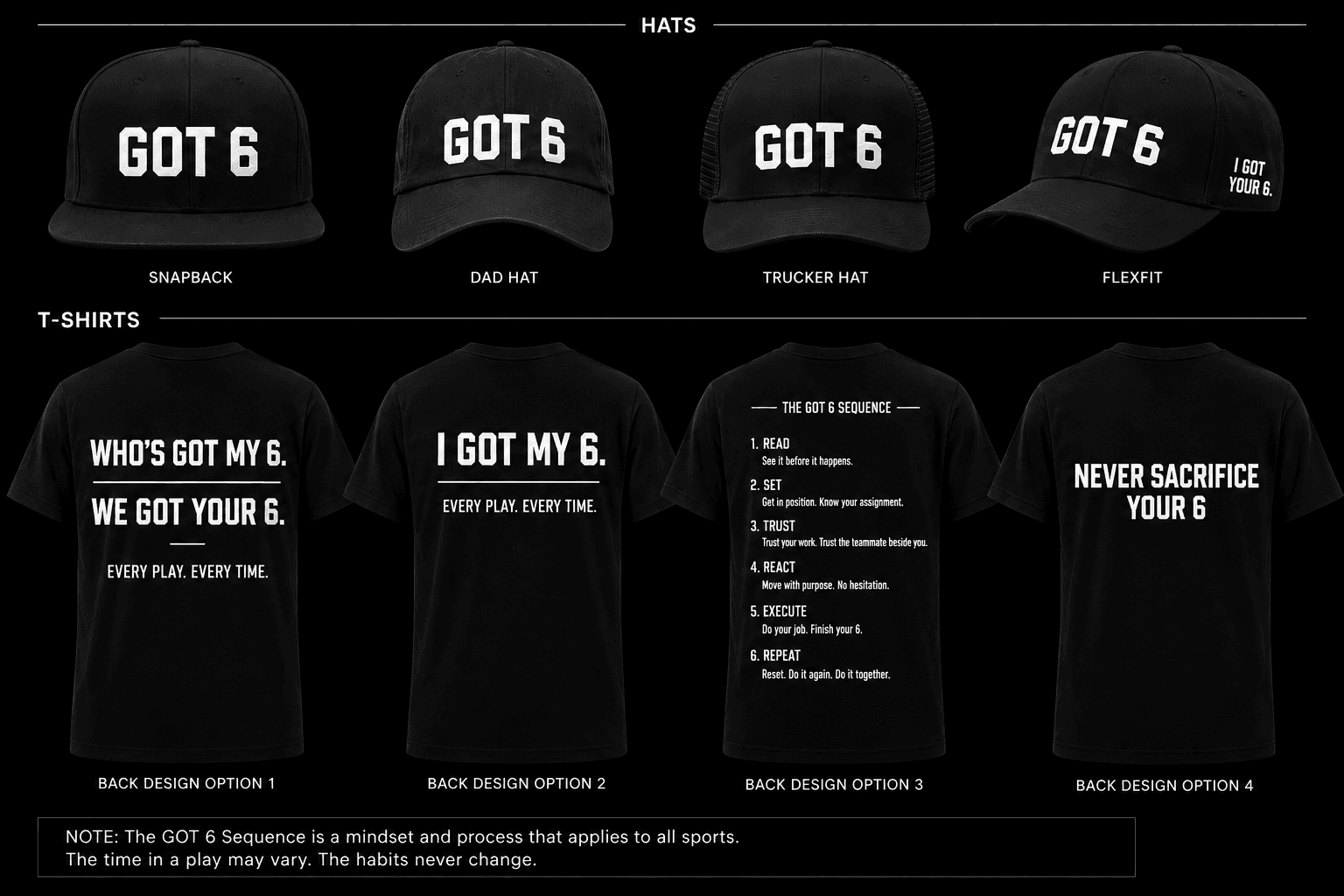 GOT 6 black apparel specification showing four hat styles and four back shirt design options